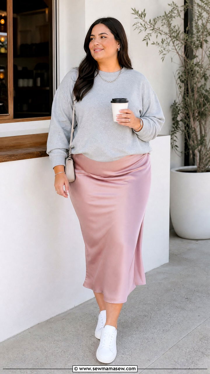 Pink Satin Skirt With Gray Sweatshirt - 20 plus size satin skirt outfit ideas