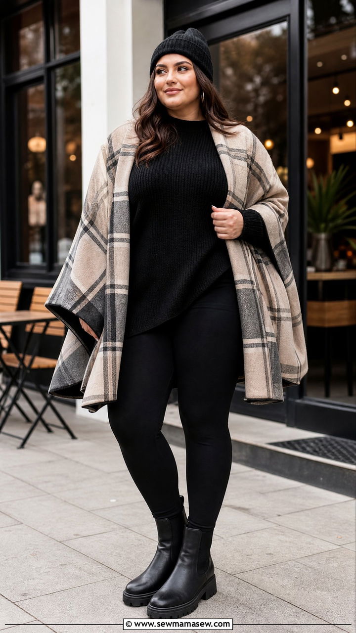 Plaid Cape Coat With Black Leggings - 20 plus size cape coat outfit ideas