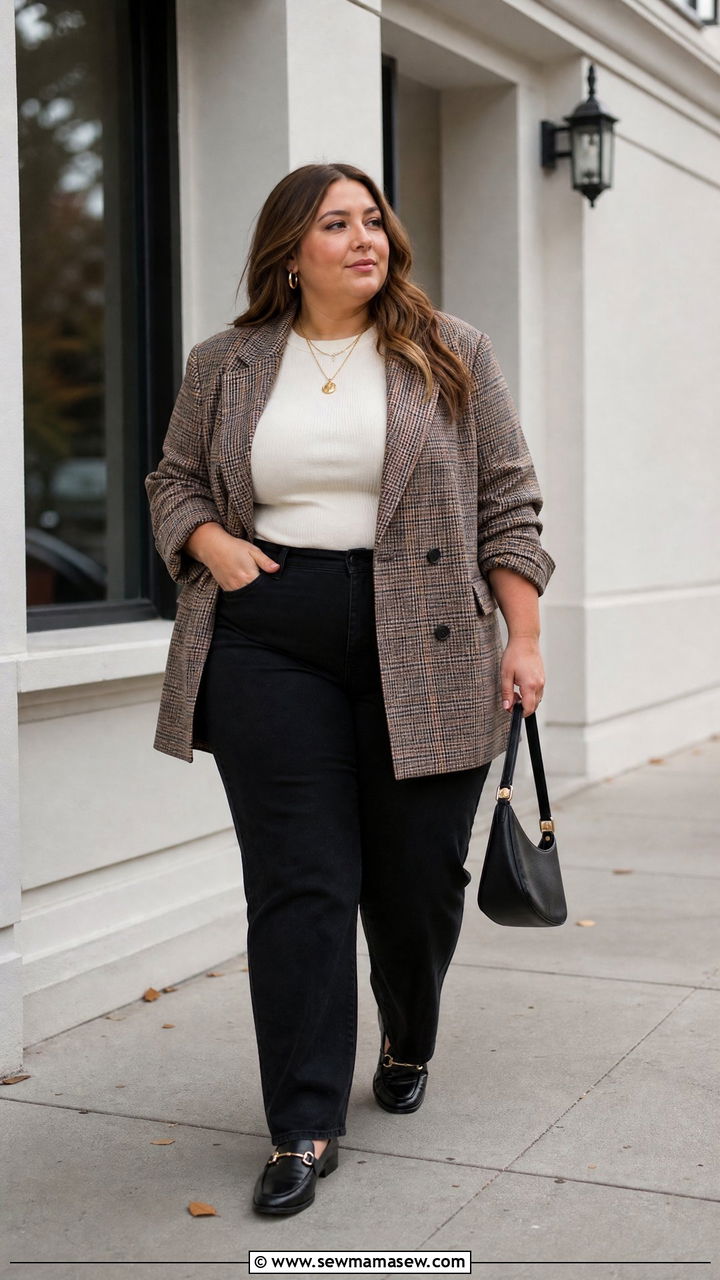 Plaid Oversized Blazer With Black Jeans - 20 plus size oversized blazer outfit ideas