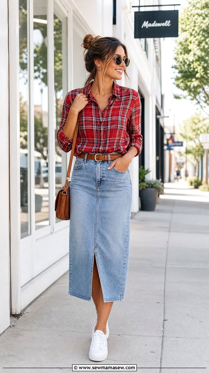 Plaid Shirt With A Denim Skirt - 20 plaid shirt outfit ideas
