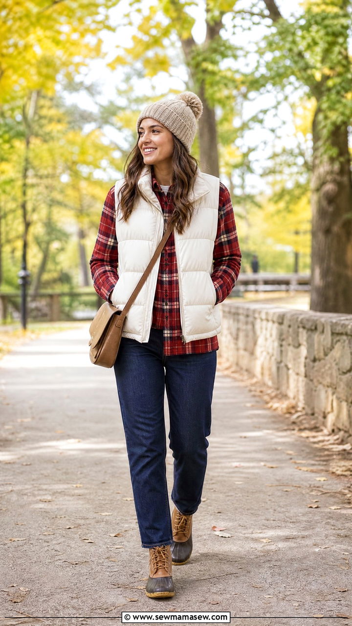 Plaid Shirt With A Puffer Vest - 20 plaid shirt outfit ideas