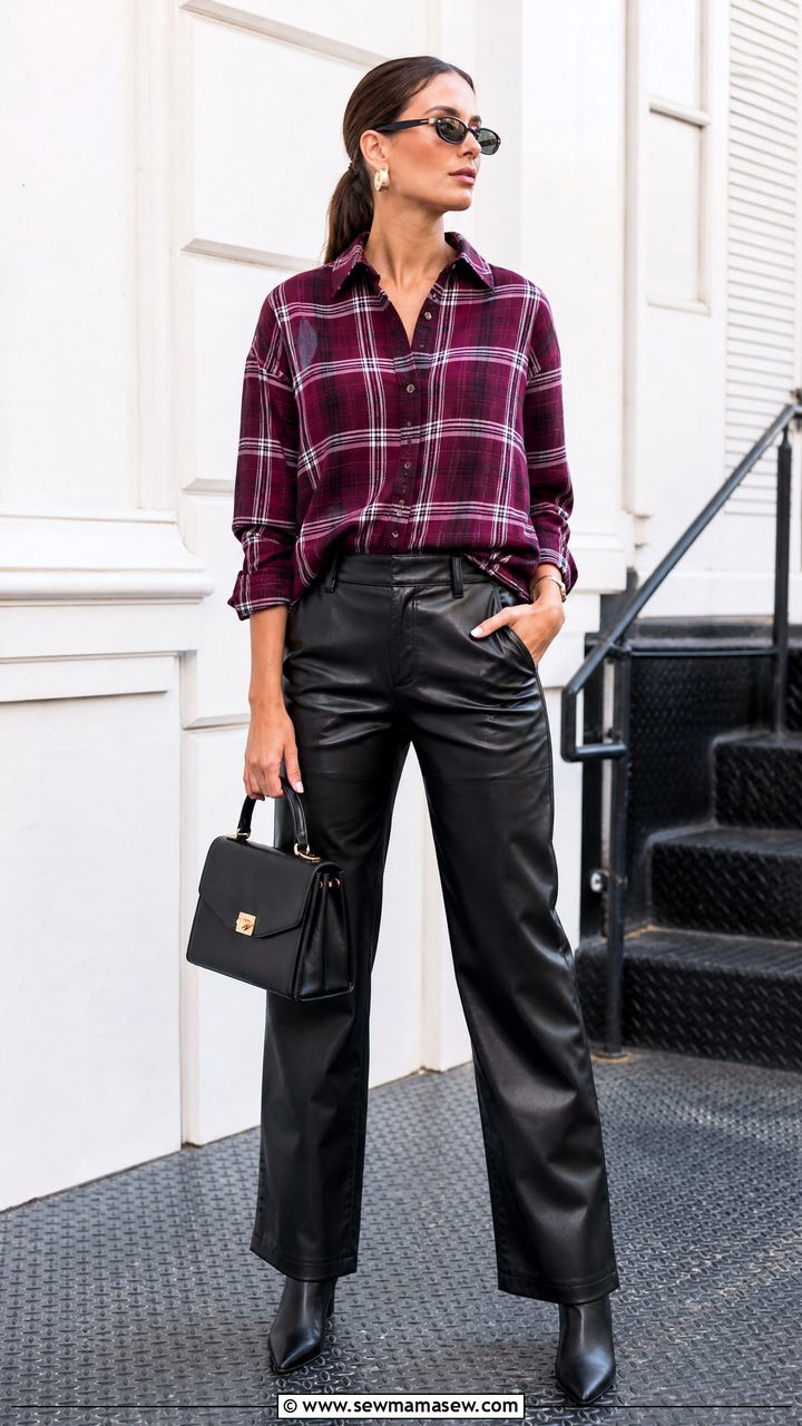 Plaid Shirt With Faux Leather Pants - 20 plaid shirt outfit ideas