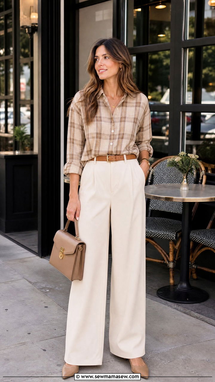 Plaid Shirt With Wide Leg Pants - 20 plaid shirt outfit ideas