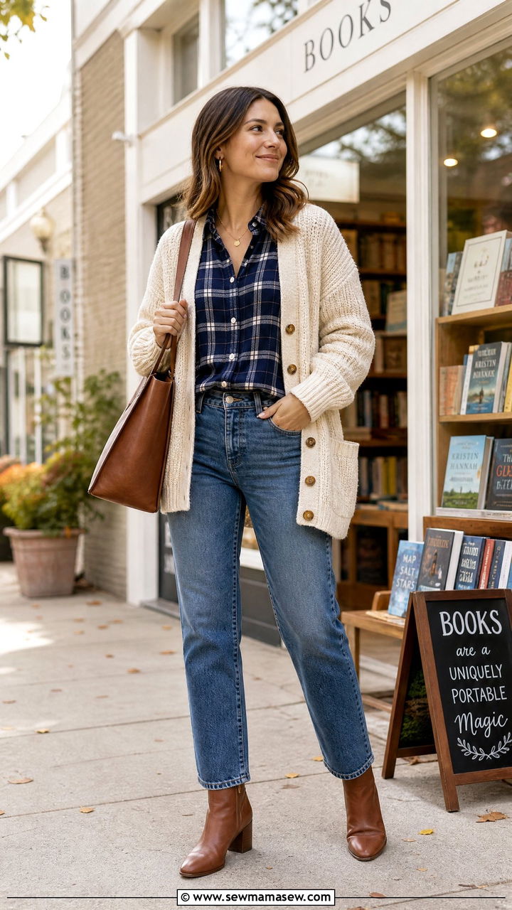 Plaid Top With Cardigan And Jeans - 20 plaid top outfit ideas