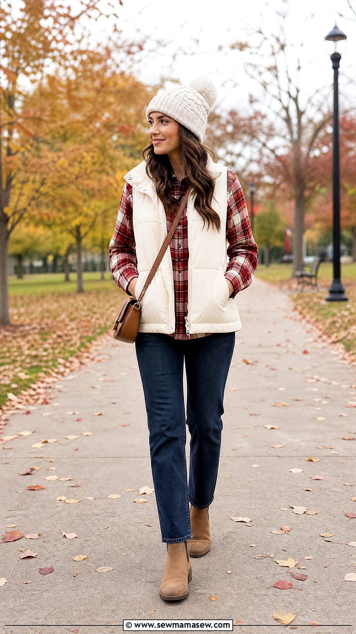 Plaid Top With Puffer Vest - 20 plaid top outfit ideas