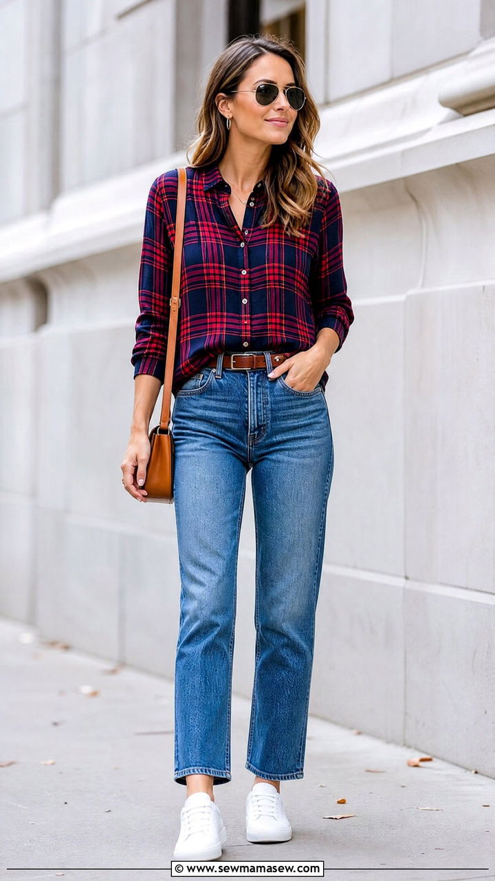 Plaid Top With Straight Leg Jeans - 20 plaid top outfit ideas