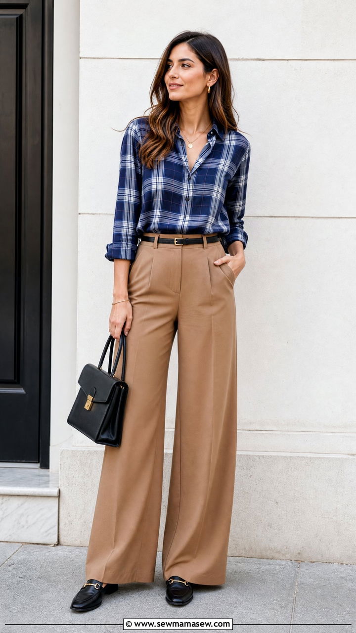 Plaid Top With Wide Leg Trousers - 20 plaid top outfit ideas