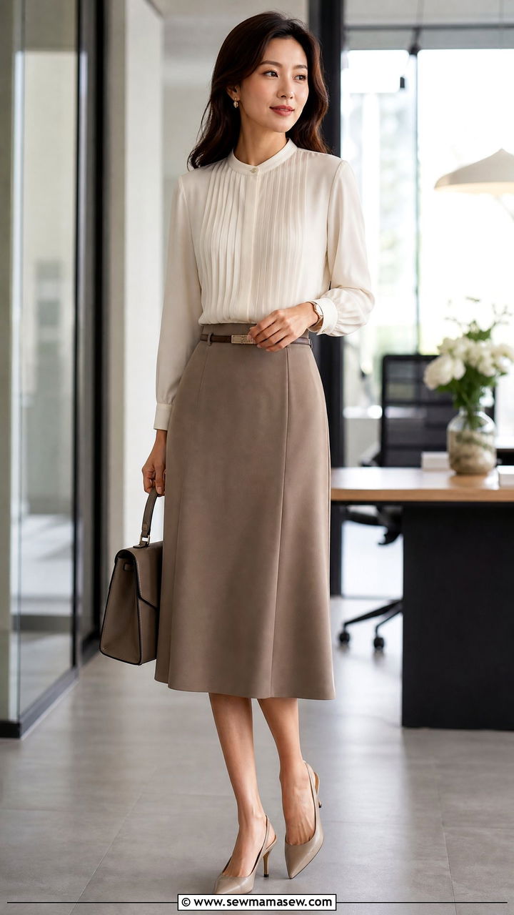 Pleated Blouse With Midi Skirt - 20 work blouse outfit ideas