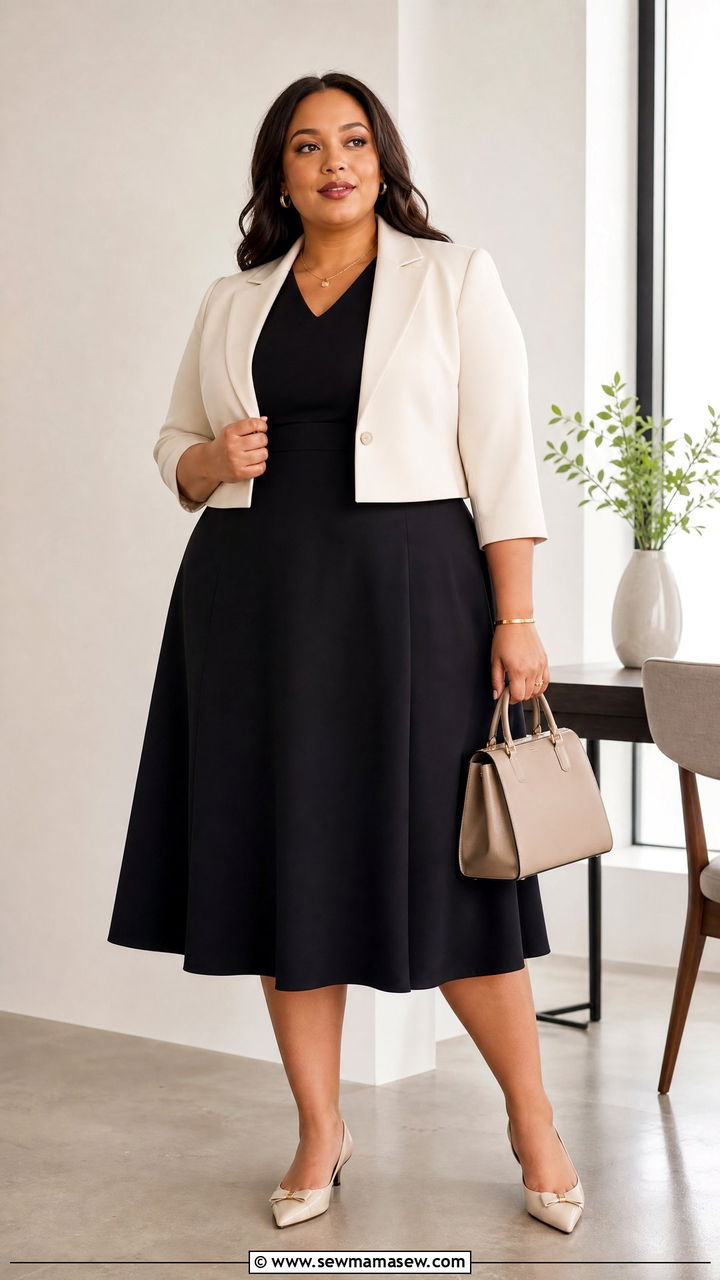 Plus Size A Line Dress With Cropped Blazer - 20 plus size a-line dress outfit ideas