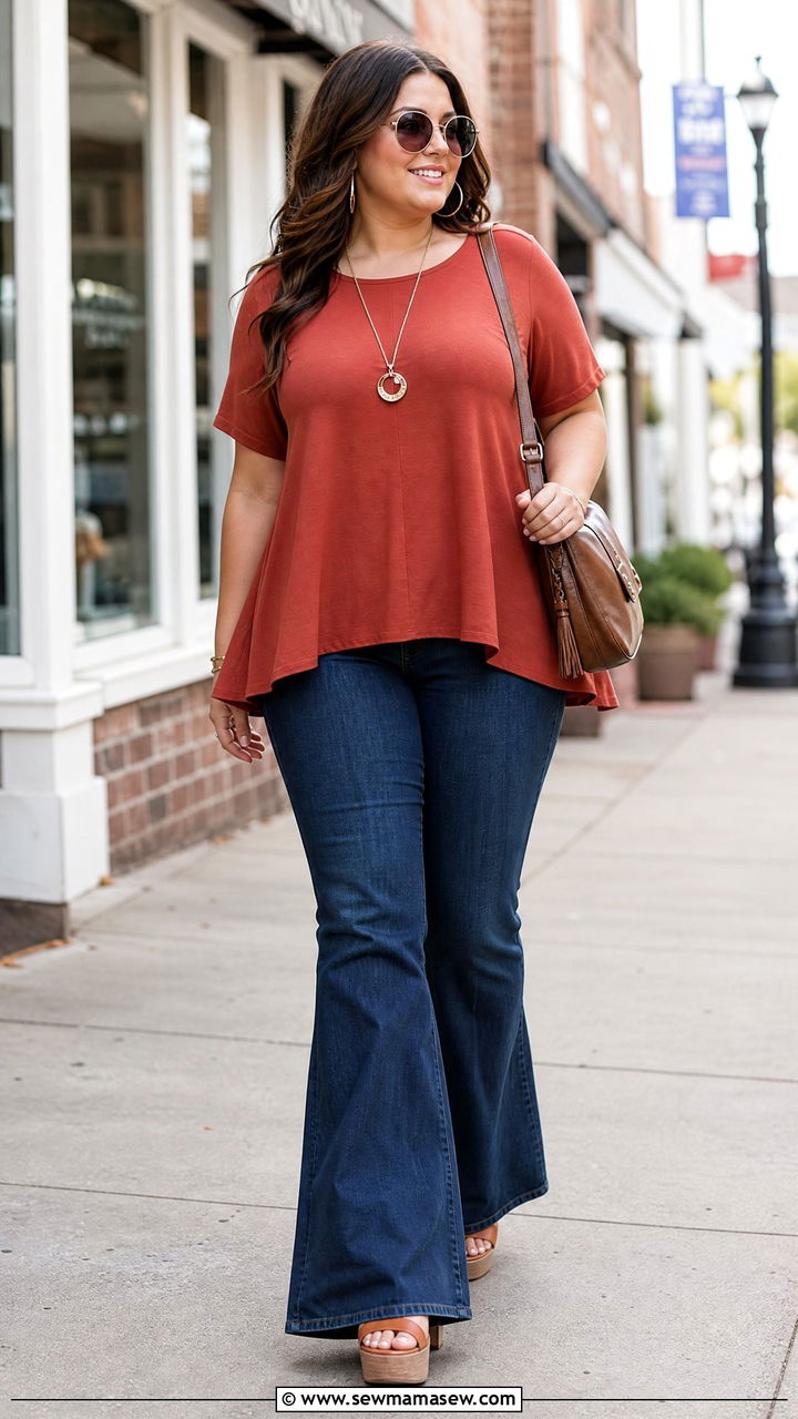 Plus Size A Line Top With Flared Jeans - 20 plus size a line top outfit ideas