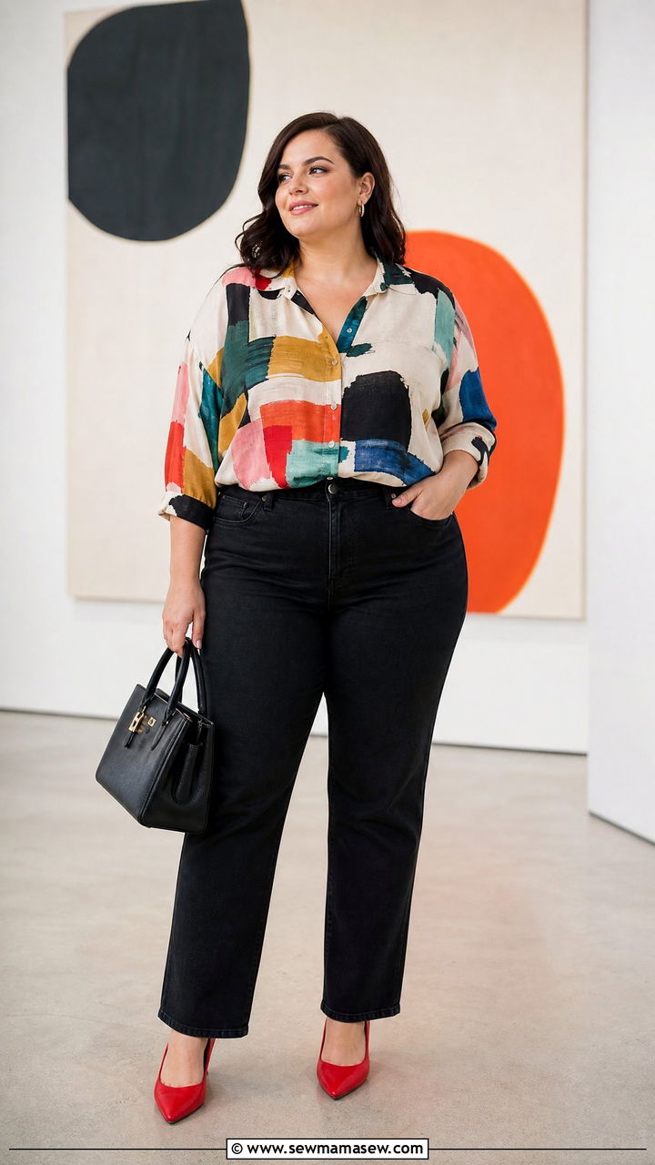 Plus Size Abstract Print Blouse With Black Jeans - 20 plus size printed blouse outfit ideas