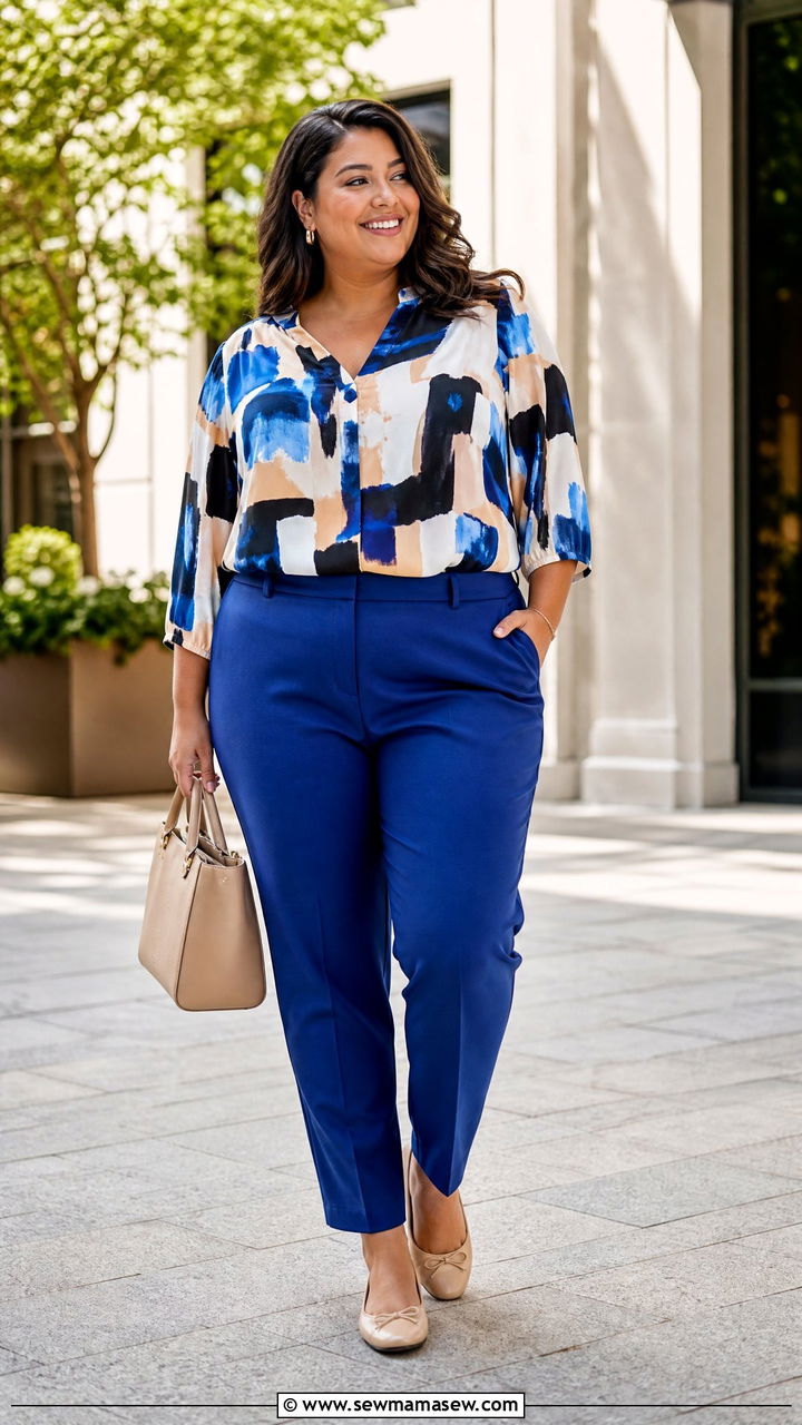 Plus Size Abstract Print Top With Colored Pants - 20 plus size abstract print top outfit ideas