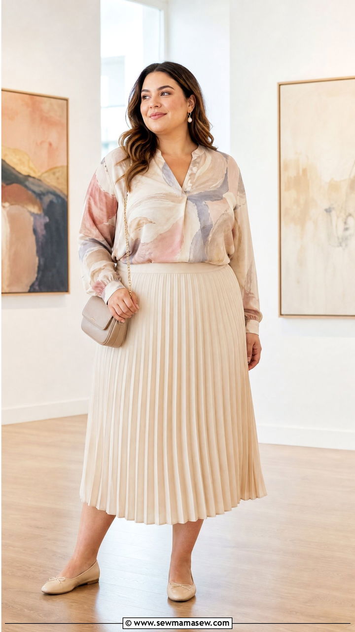 Plus Size Abstract Print Top With Pleated Skirt - 20 plus size abstract print top outfit ideas
