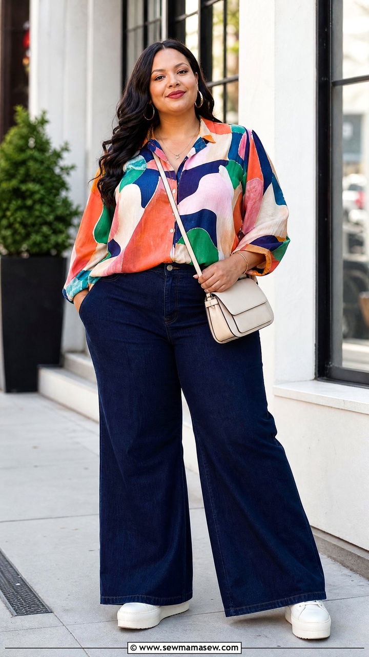 Plus Size Abstract Print Top With Wide Leg Jeans - 20 plus size abstract print top outfit ideas