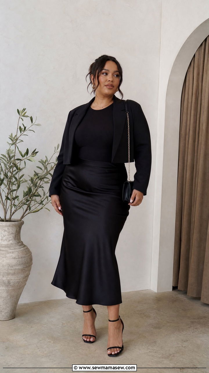 Plus Size All Black Satin Skirt Outfit - 20 plus size all black outfit ideas