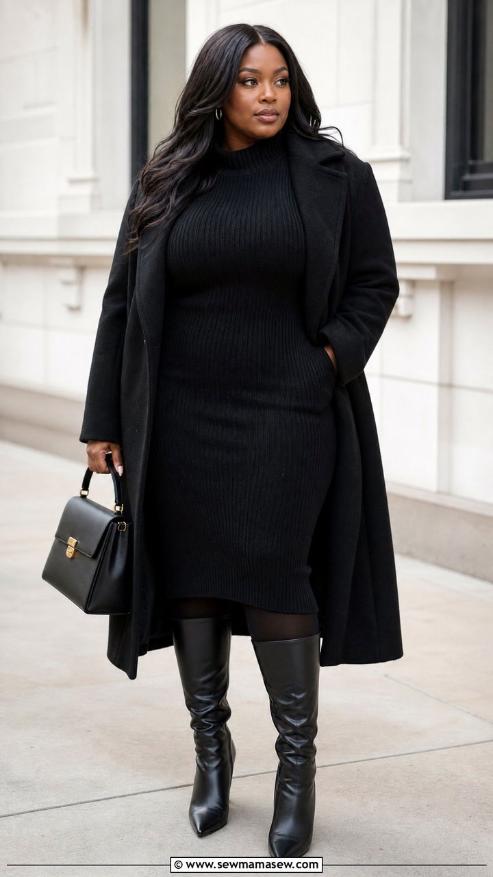 Plus Size All Black Sweater Dress Outfit - 20 plus size all black outfit ideas