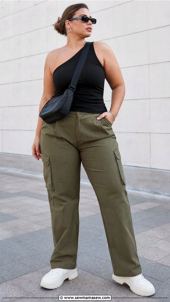 Plus Size Asymmetrical Top With Cargo Pants - 20 plus size asymmetrical top outfit ideas