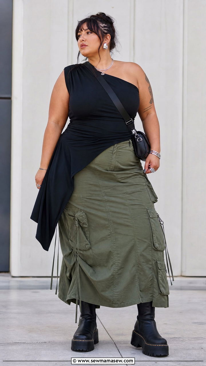 Plus Size Asymmetrical Top With Cargo Skirt - 20 plus size edgy top outfit ideas