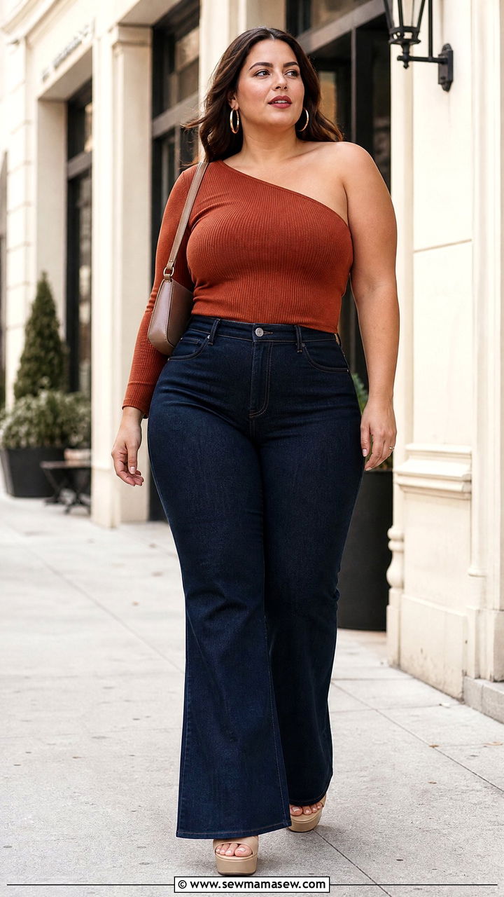 Plus Size Asymmetrical Top With Flared Jeans - 20 plus size asymmetrical top outfit ideas