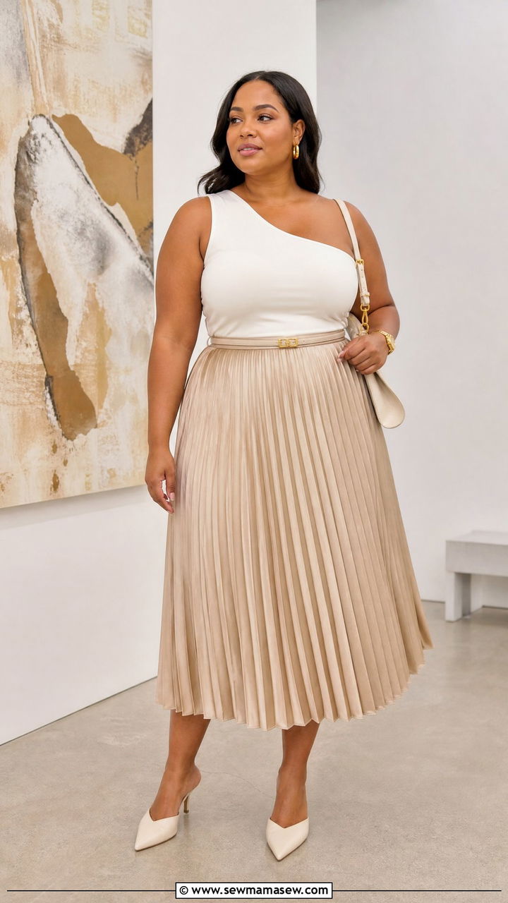 Plus Size Asymmetrical Top With Pleated Midi Skirt - 20 plus size asymmetrical top outfit ideas