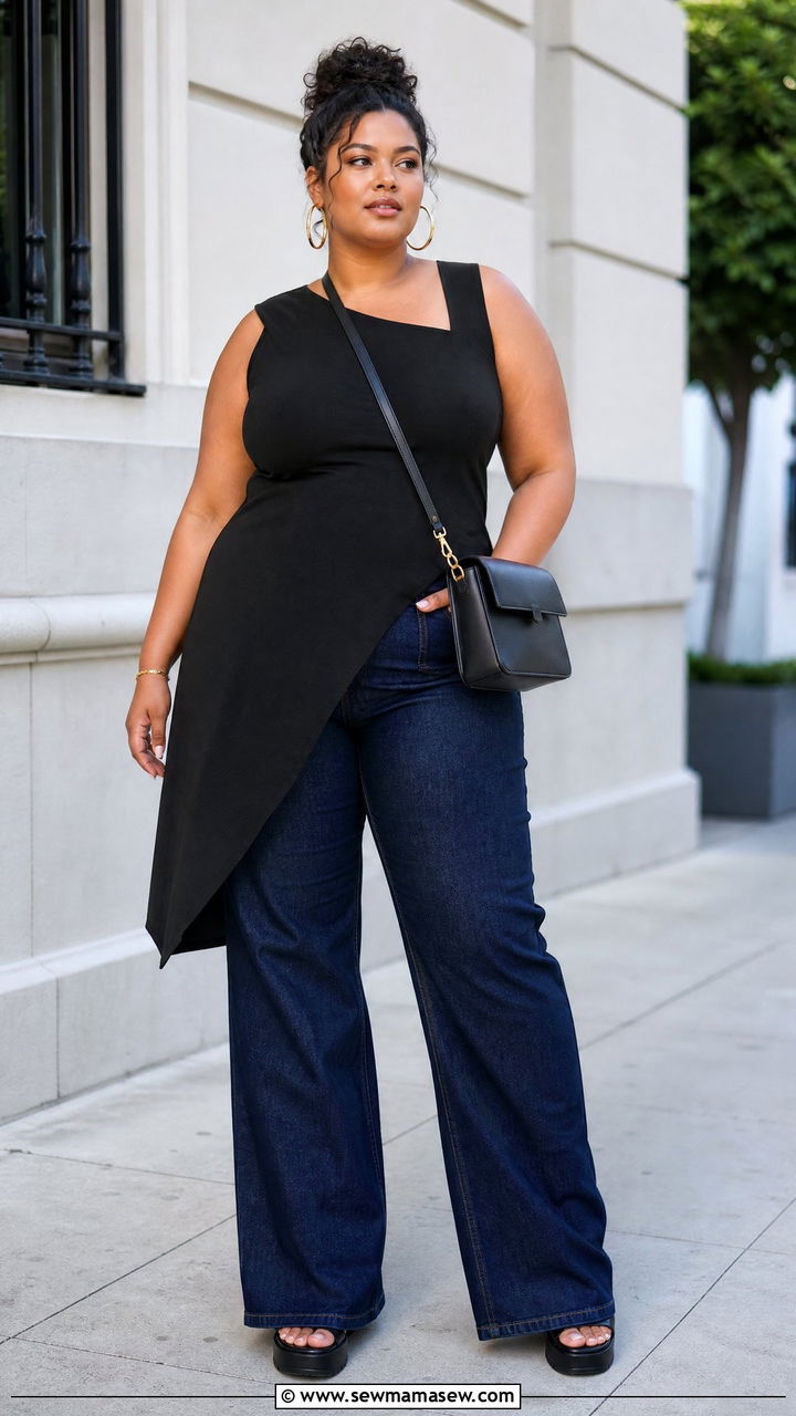 Plus Size Asymmetrical Top With Wide Leg Jeans - 20 plus size asymmetrical top outfit ideas