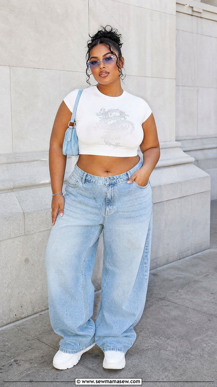 Plus Size Baby Tee And Baggy Jeans Outfit - 20 plus size y2k top outfit ideas