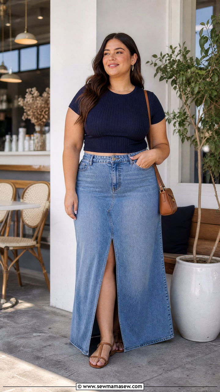 Plus Size Baby Tee With Denim Maxi Skirt - 20 plus size baby tee outfit ideas