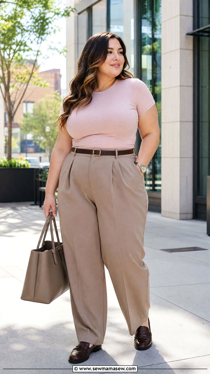 Plus Size Baby Tee With High Waisted Trousers - 20 plus size baby tee outfit ideas