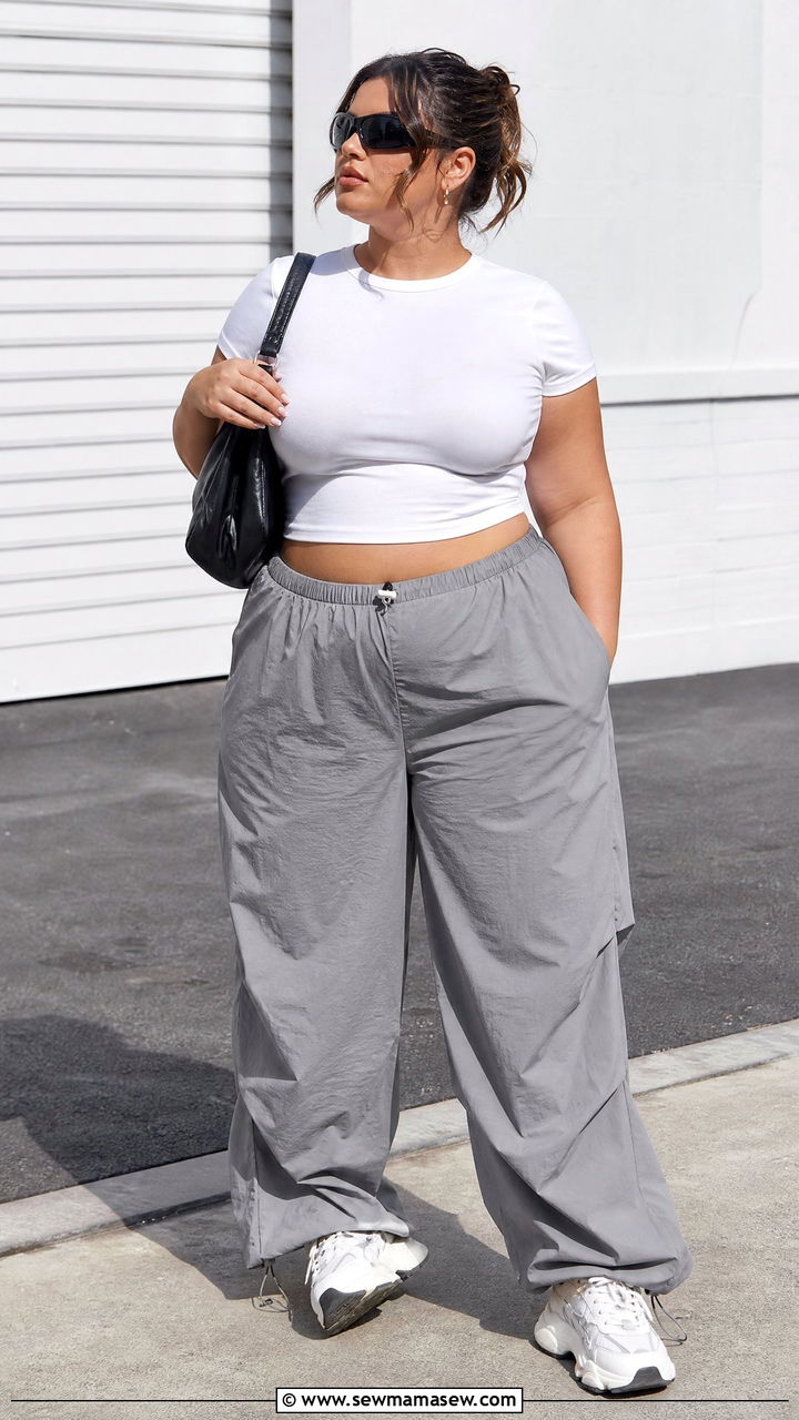 Plus Size Baby Tee With Parachute Pants - 20 plus size baby tee outfit ideas