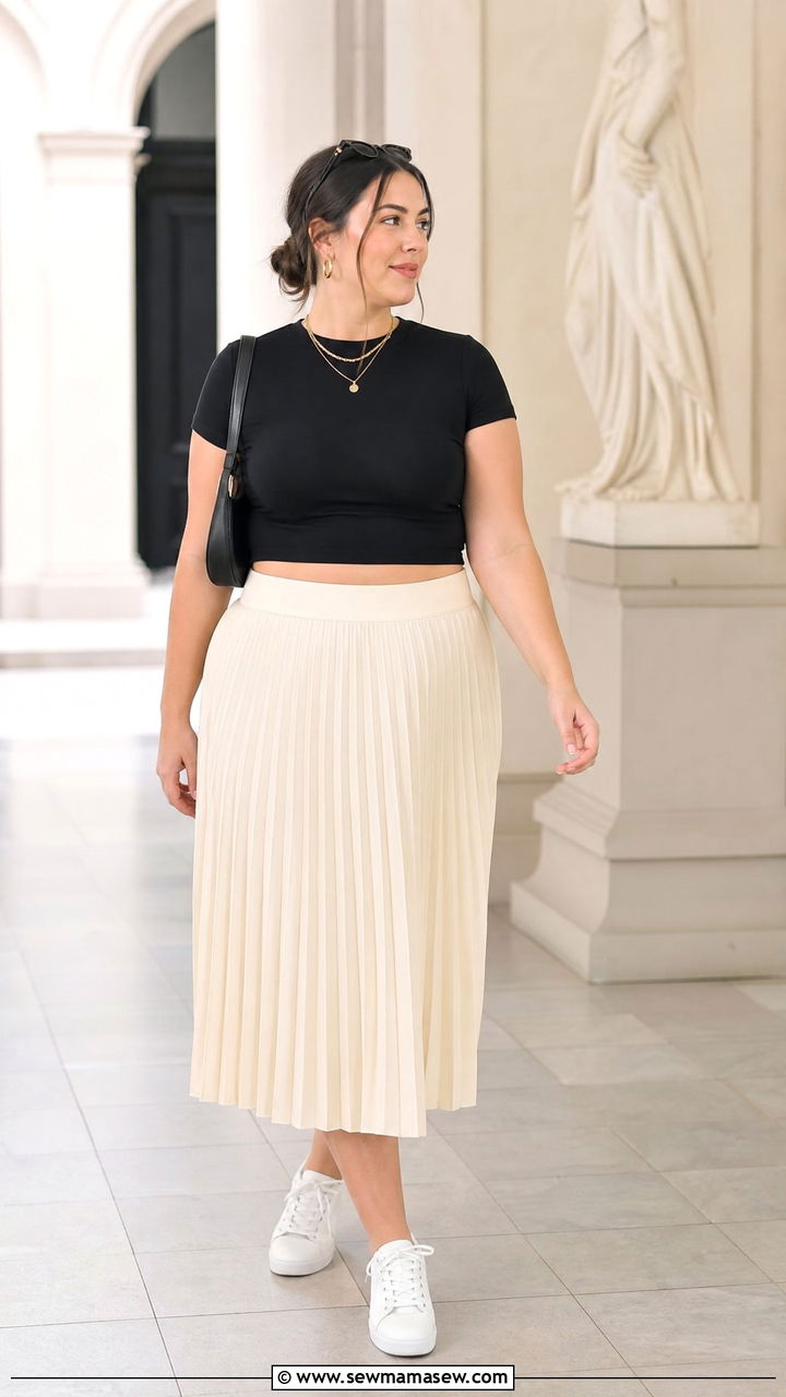 Plus Size Baby Tee With Pleated Skirt - 20 plus size baby tee outfit ideas