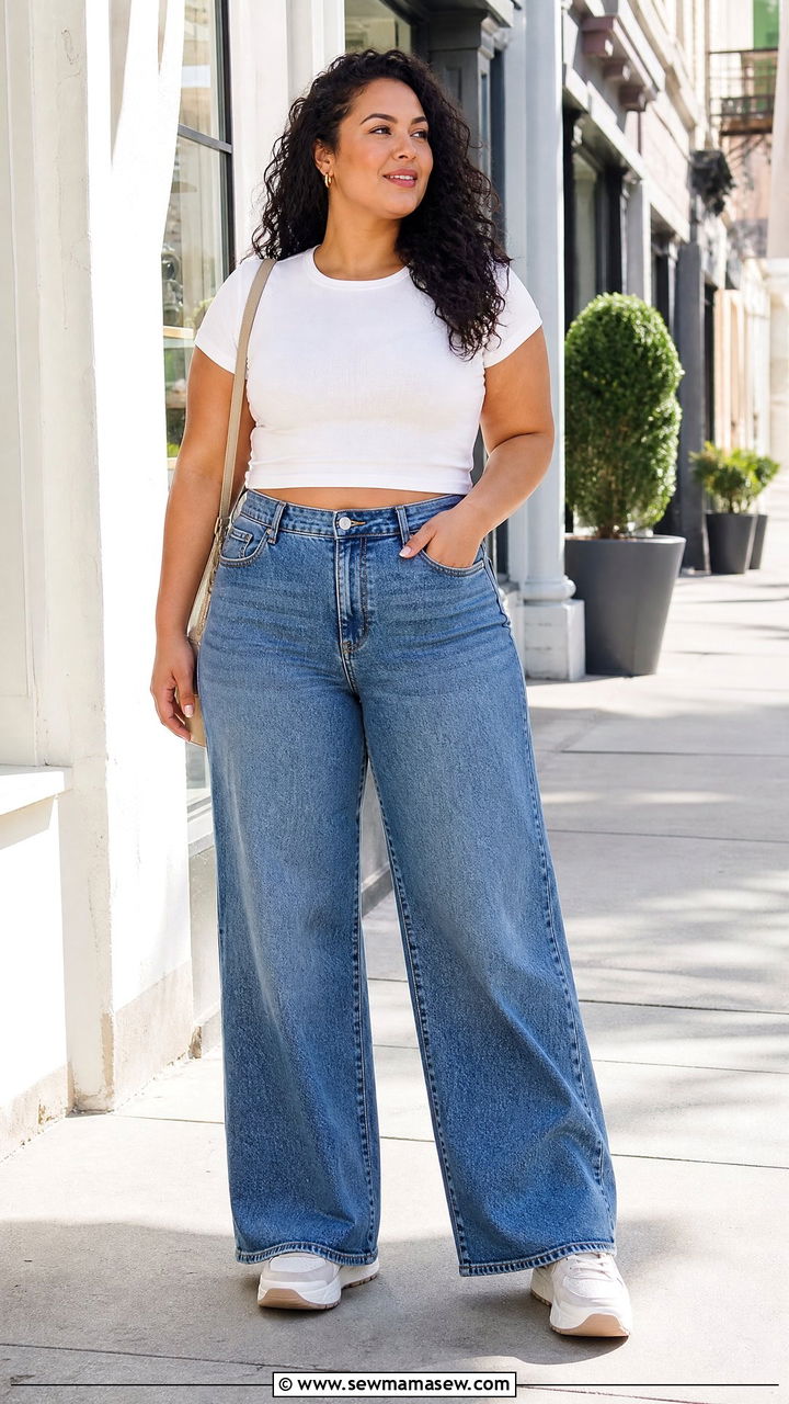Plus Size Baby Tee With Wide Leg Jeans - 20 plus size baby tee outfit ideas