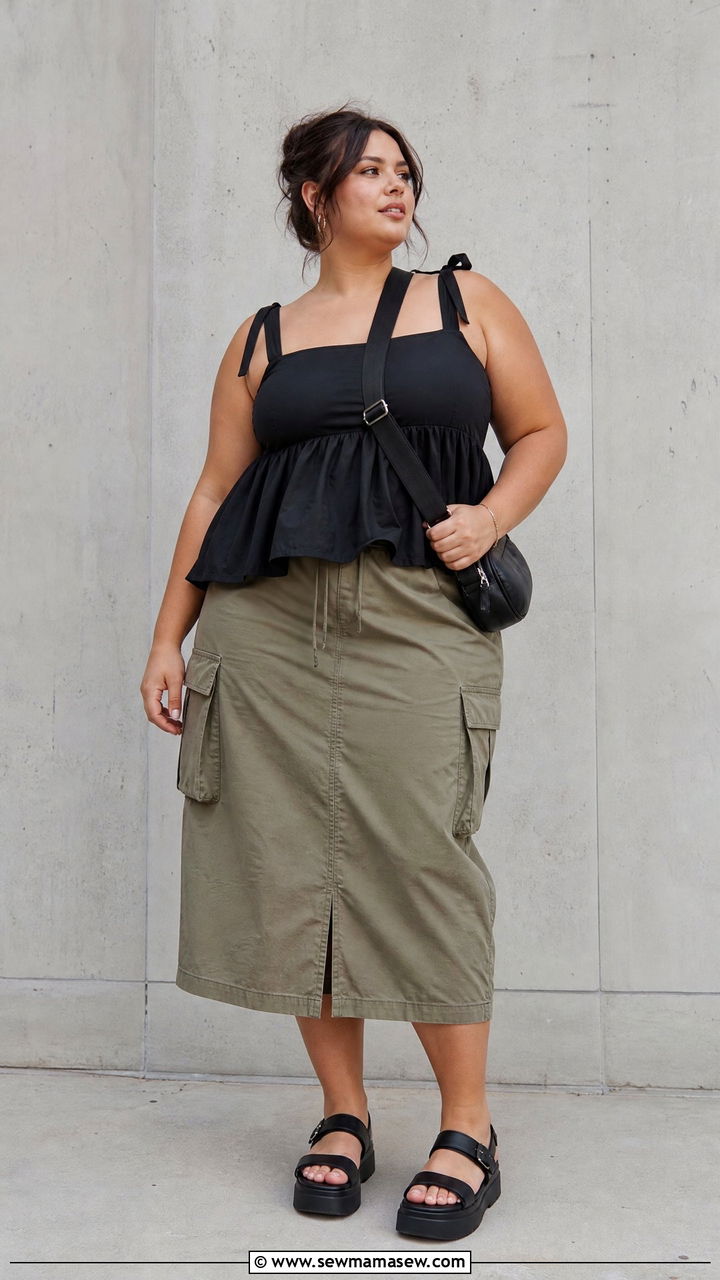 Plus Size Babydoll Top With Cargo Skirt - 20 plus size babydoll top outfit ideas