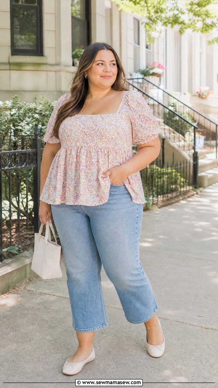 Plus Size Babydoll Top With Cropped Jeans Outfit - 20 plus size feminine top outfit ideas