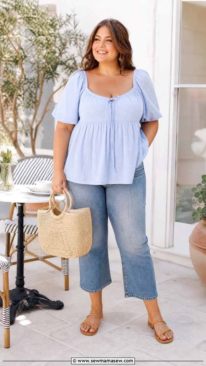 Plus Size Babydoll Top With Cropped Jeans - 20 plus size tops to hide belly outfit ideas
