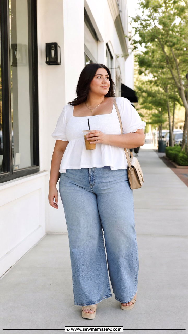 Plus Size Babydoll Top With Wide Leg Jeans - 20 plus size babydoll top outfit ideas