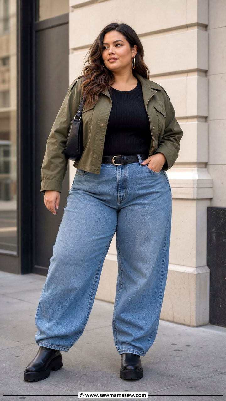 Plus Size Baggy Jeans With Cropped Jacket - 20 plus size fall outfit ideas with jeans