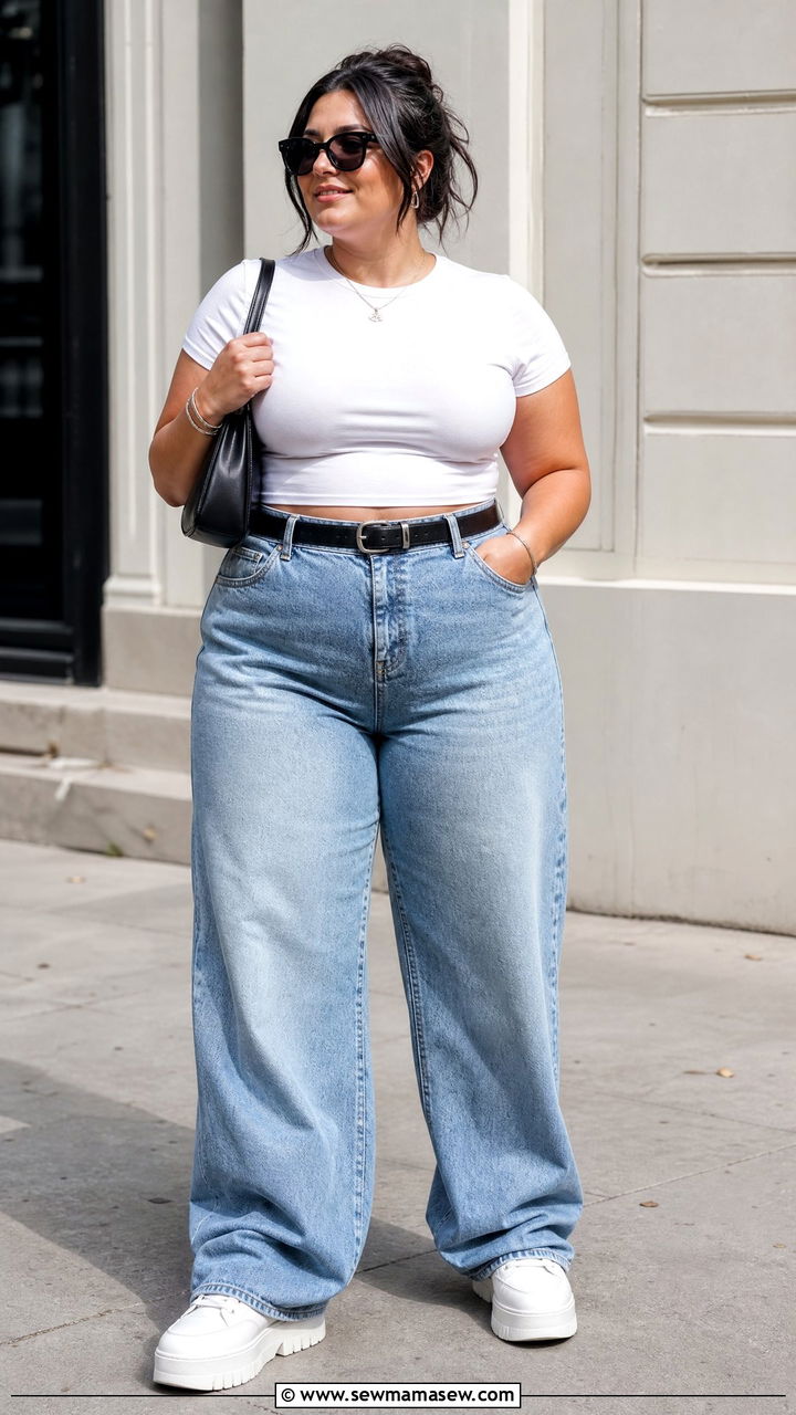 Plus Size Baggy Jeans With Fitted Tee - 20 plus size summer outfit ideas with jeans