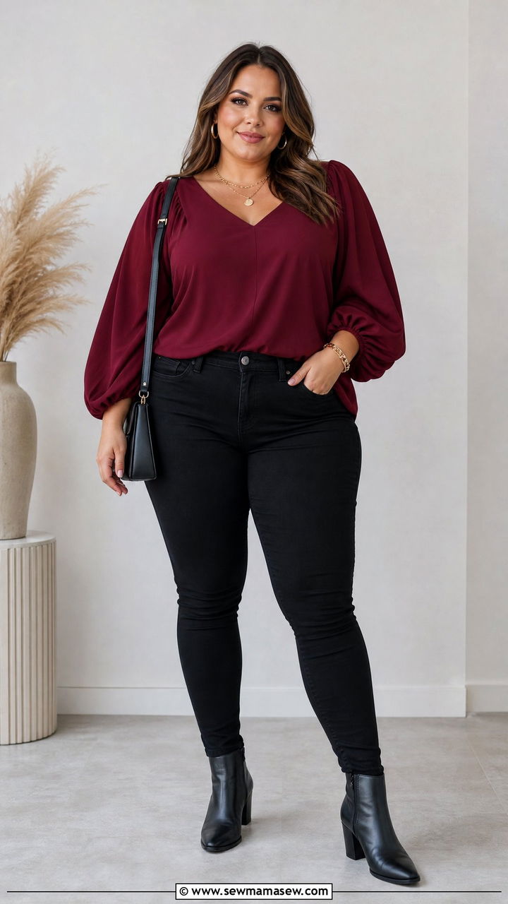 Plus Size Balloon Sleeve Top With Black Skinny Jeans - 20 plus size balloon sleeve top outfit ideas