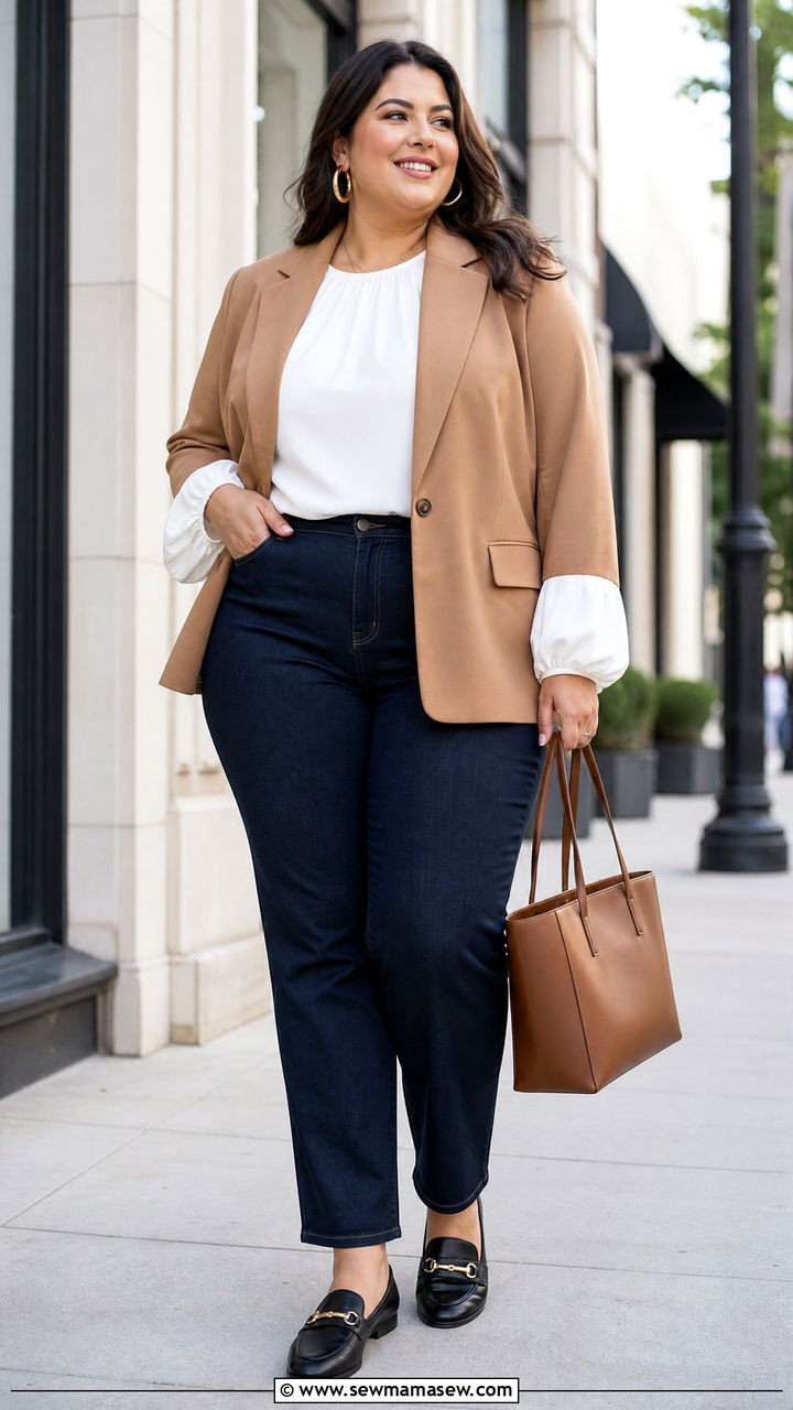 Plus Size Balloon Sleeve Top With Blazer And Jeans - 20 plus size balloon sleeve top outfit ideas