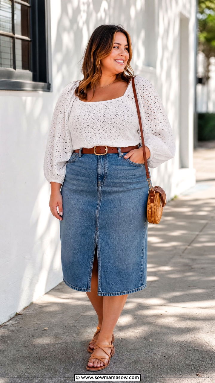 Plus Size Balloon Sleeve Top With Denim Skirt - 20 plus size balloon sleeve top outfit ideas