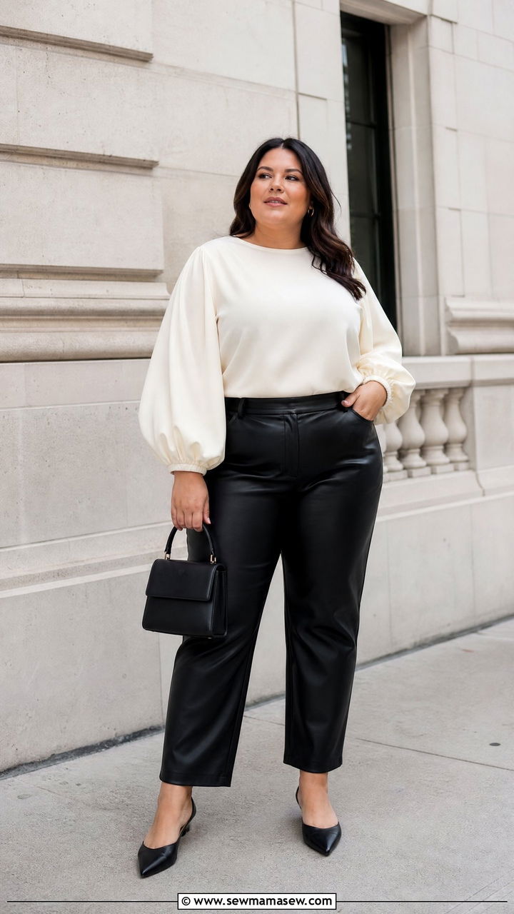 Plus Size Balloon Sleeve Top With Faux Leather Pants - 20 plus size balloon sleeve top outfit ideas