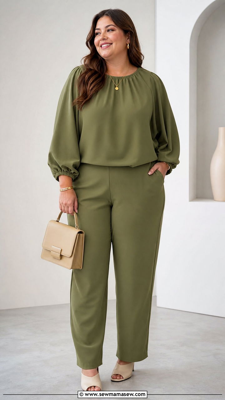 Plus Size Balloon Sleeve Top With Matching Pants - 20 plus size balloon sleeve top outfit ideas