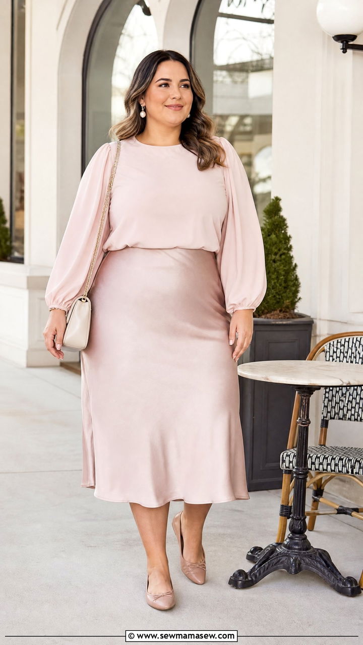 Plus Size Balloon Sleeve Top With Midi Skirt - 20 plus size balloon sleeve top outfit ideas