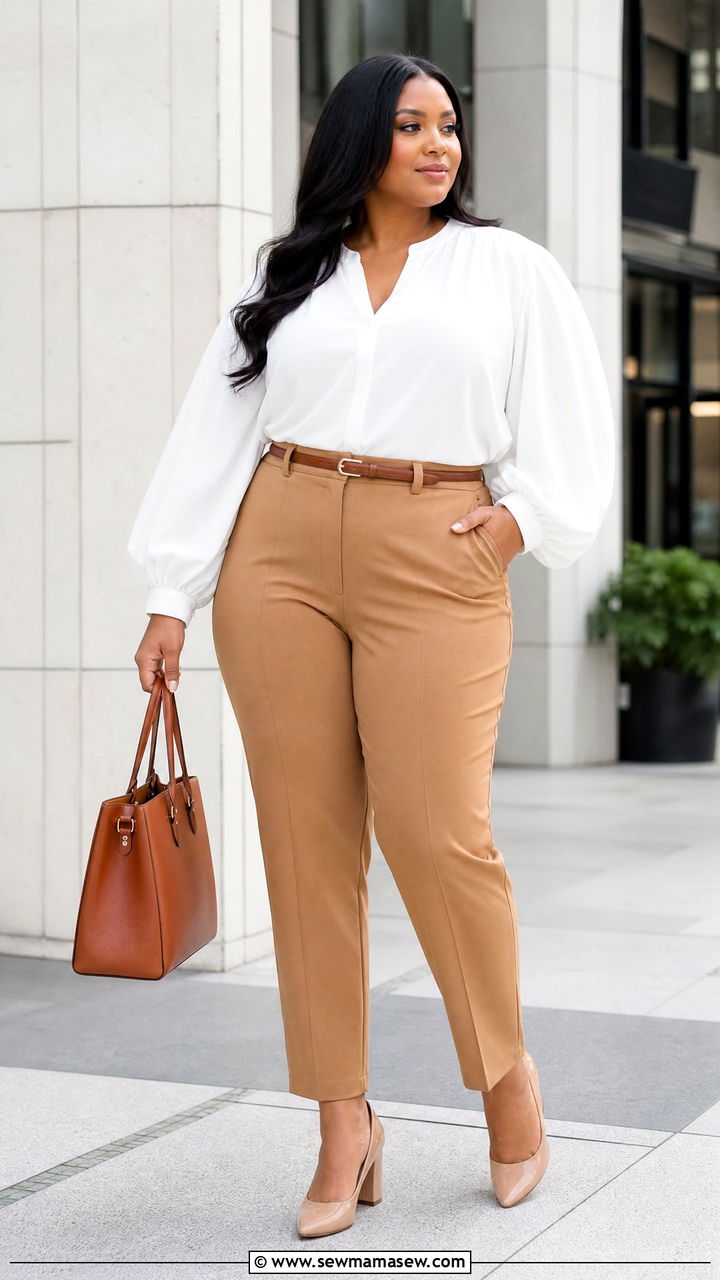 Plus Size Balloon Sleeve Top With Tailored Trousers - 20 plus size balloon sleeve top outfit ideas