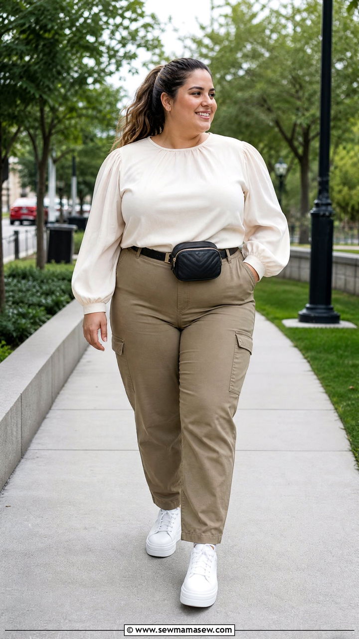 Plus Size Balloon Sleeve Top With Utility Pants - 20 plus size balloon sleeve top outfit ideas