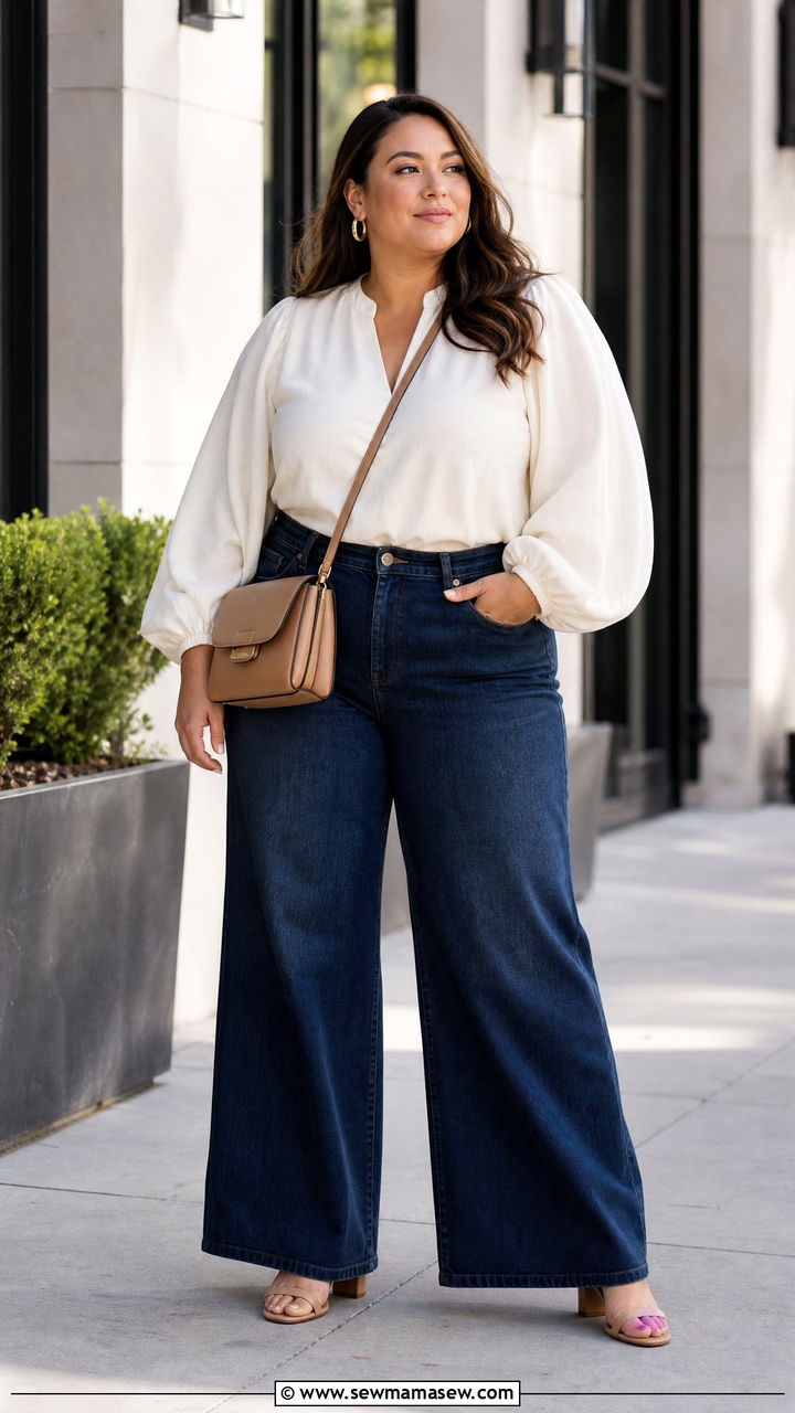 Plus Size Balloon Sleeve Top With Wide Leg Jeans - 20 plus size balloon sleeve top outfit ideas