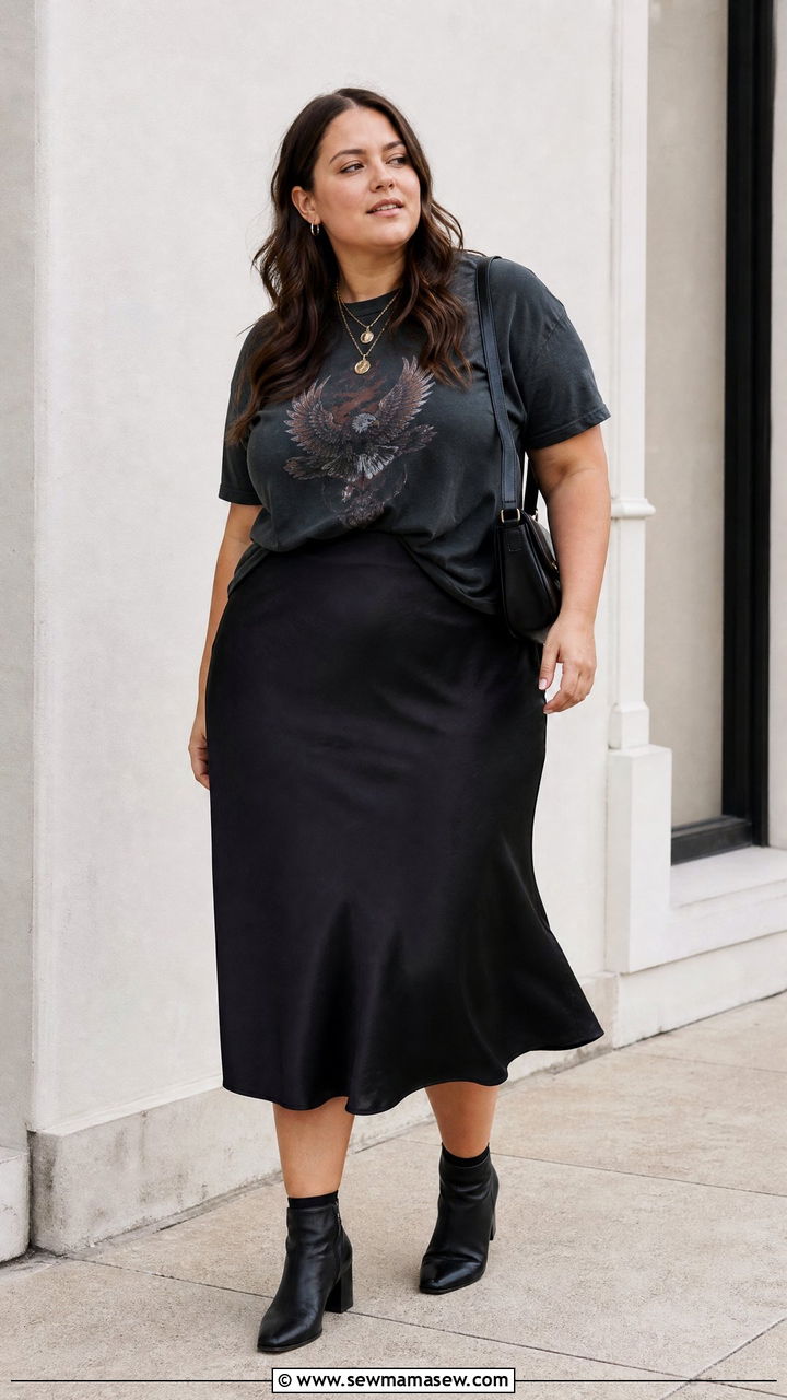 Plus Size Band Tee With Black Midi Skirt - 20 plus size band tee outfit ideas