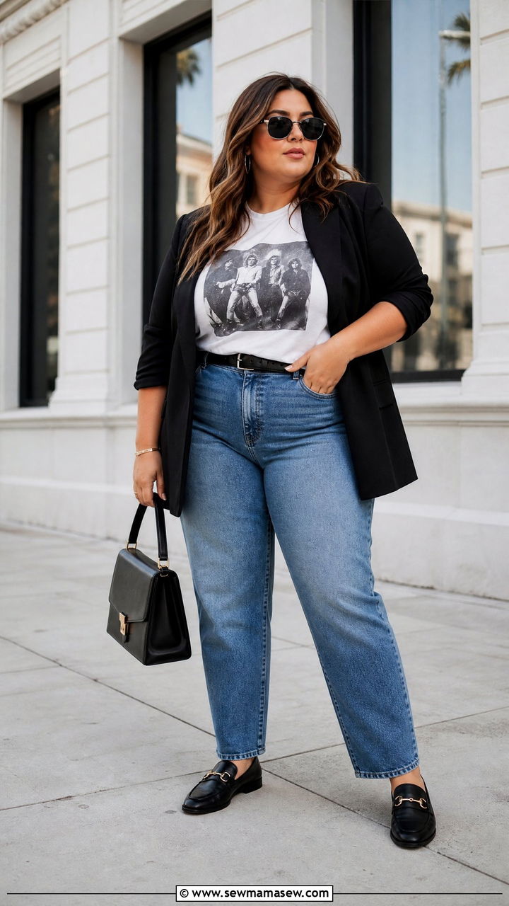 Plus Size Band Tee With Blazer And Jeans - 20 plus size band tee outfit ideas