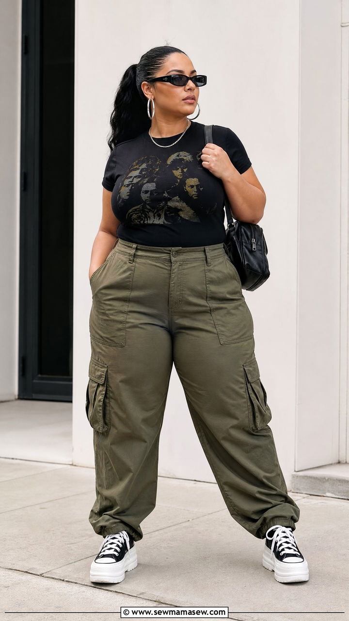 Plus Size Band Tee With Cargo Pants - 20 plus size band tee outfit ideas