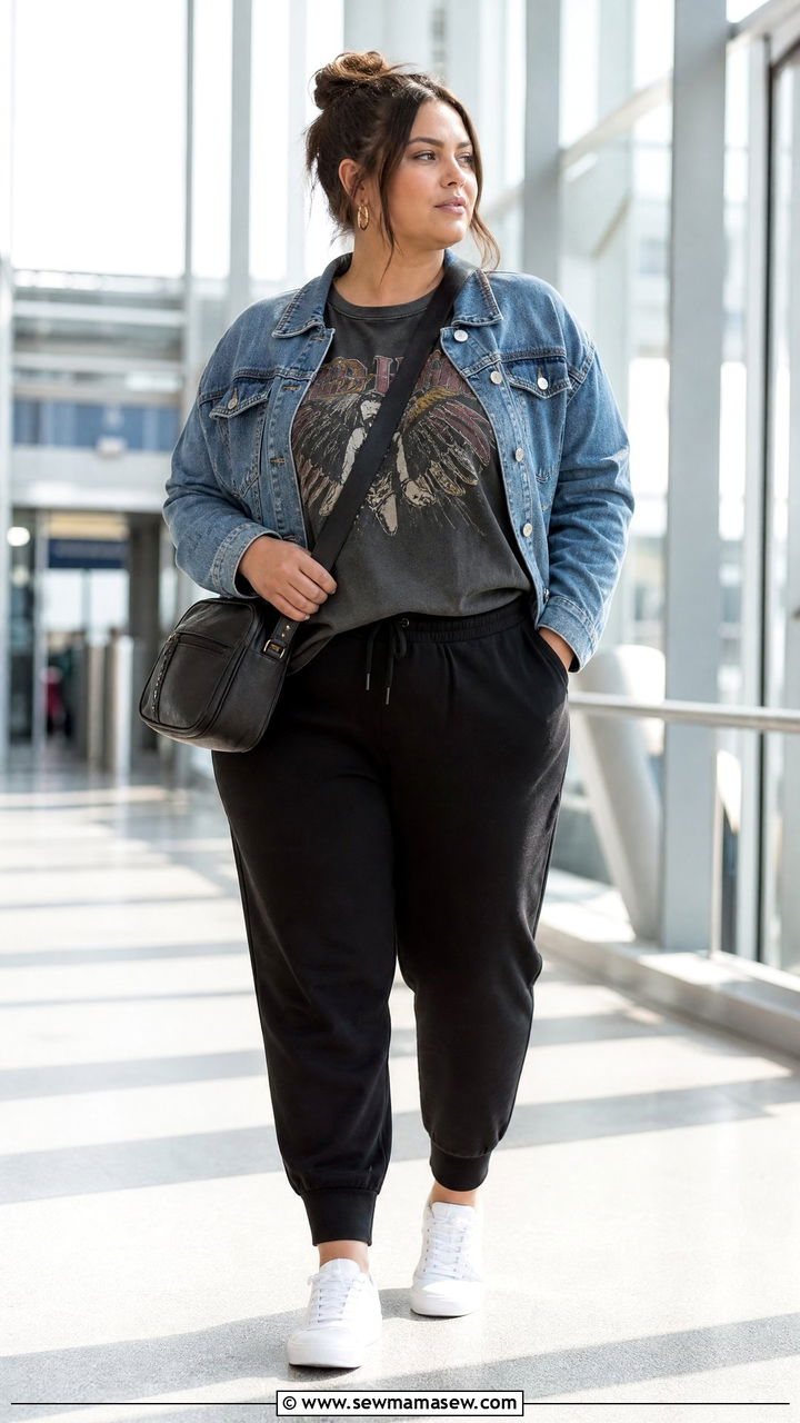 Plus Size Band Tee With Denim Jacket And Joggers - 20 plus size band tee outfit ideas
